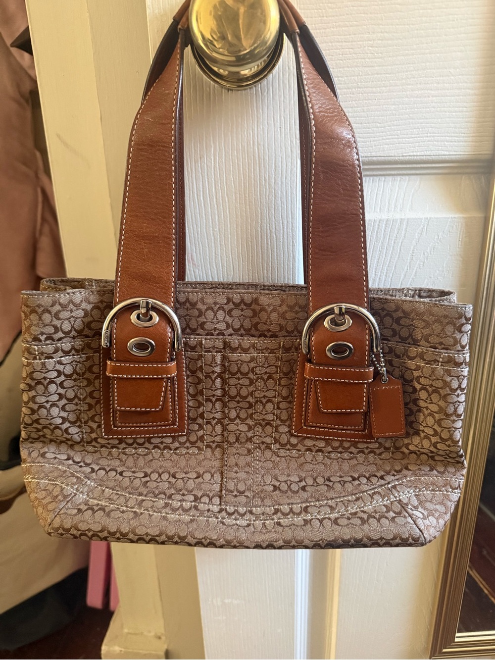 Coach Brown Signature Jacquard Tote with Leather Trim